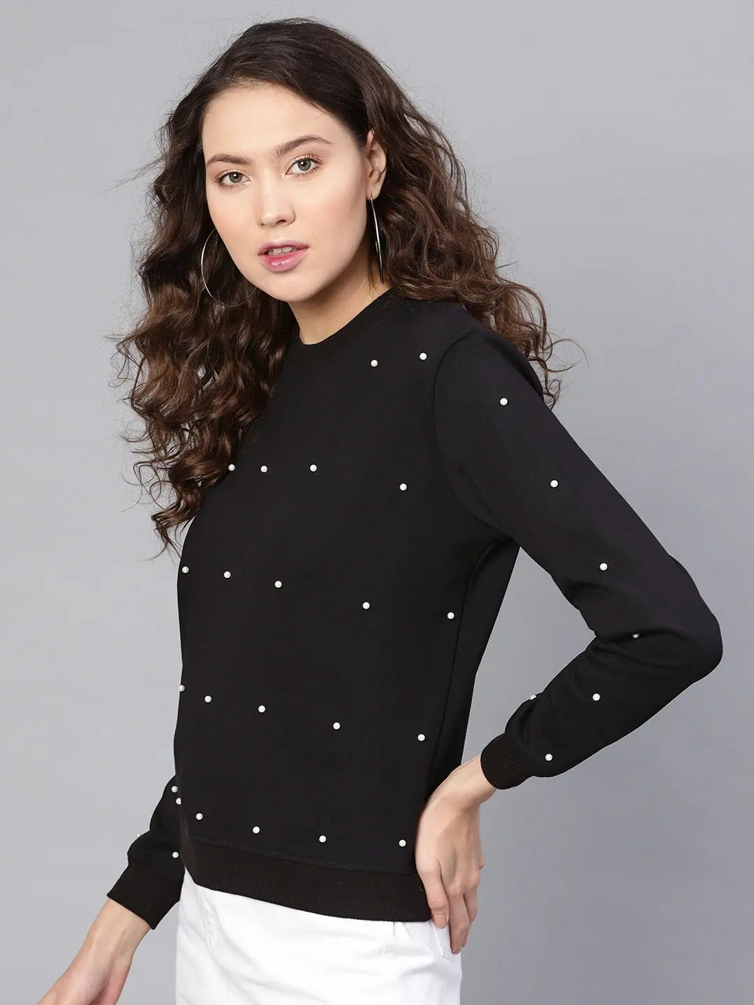 Pearl Beaded Black Sweatshirt | Women's Designer Apparel