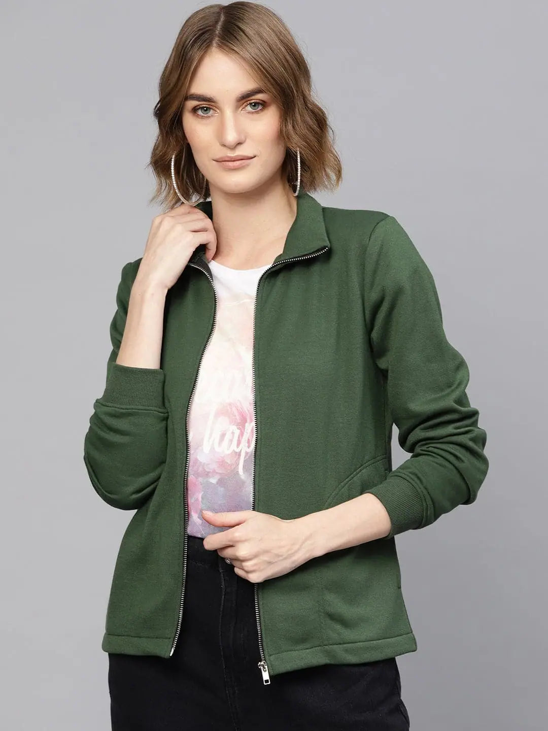 Olive Green Sweatshirt | Women's Zipper Fleece Comfort Top