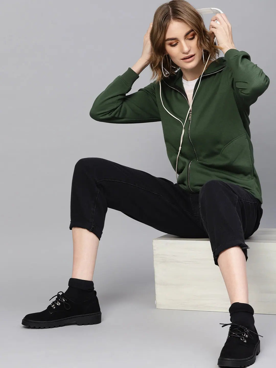 Olive Green Sweatshirt | Women's Zipper Fleece Comfort Top