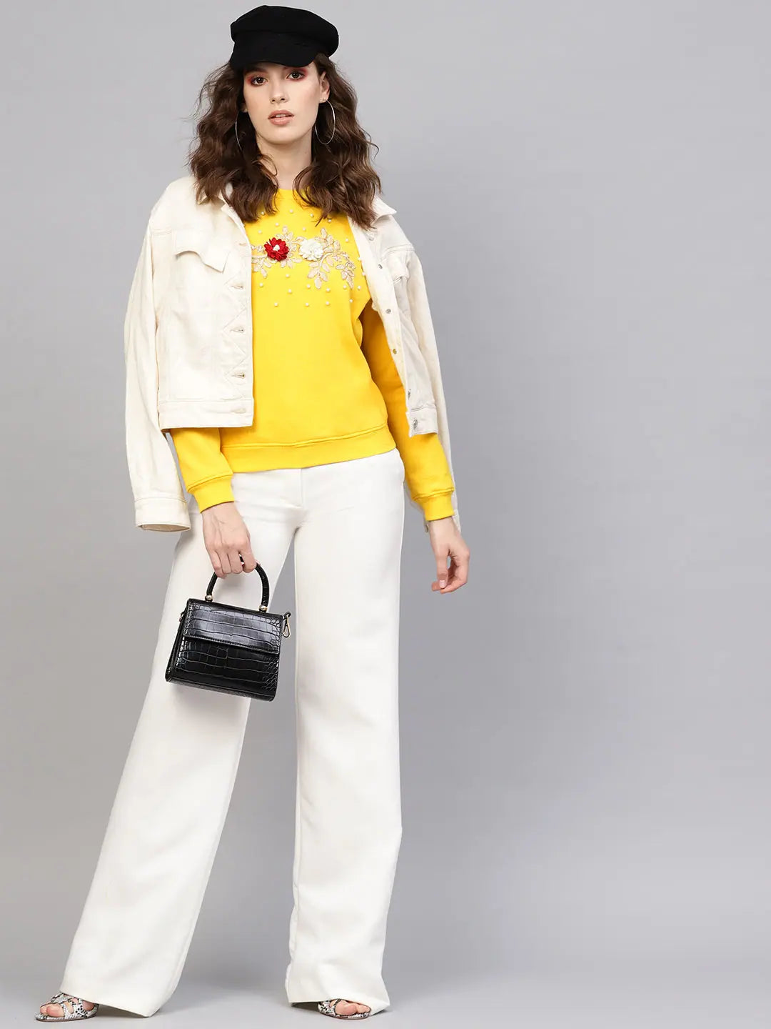 Yellow Floral Sweatshirt | Pearl Patch Detail | Designer Lehenga