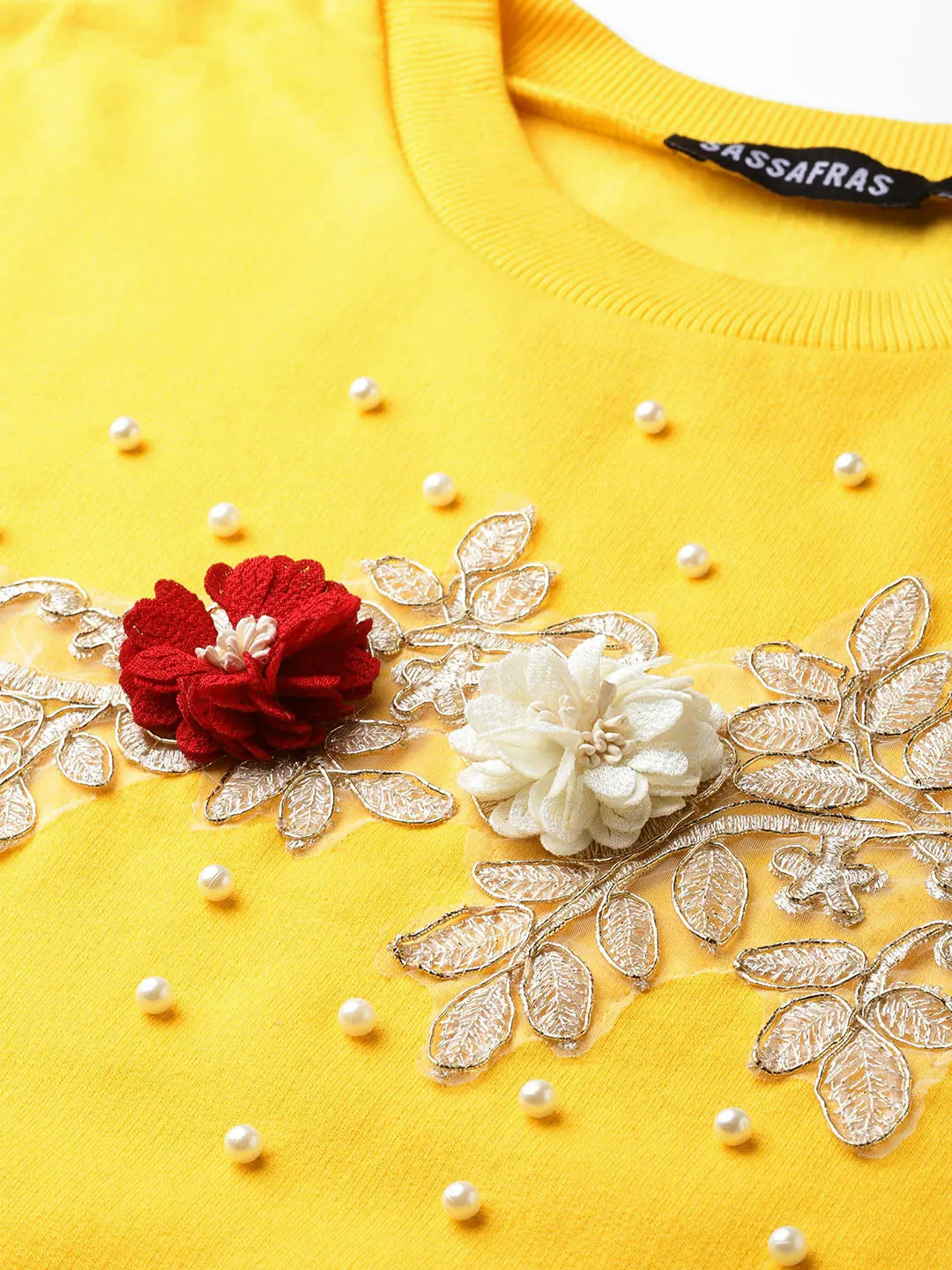 Yellow Floral Sweatshirt | Pearl Patch Detail | Designer Lehenga
