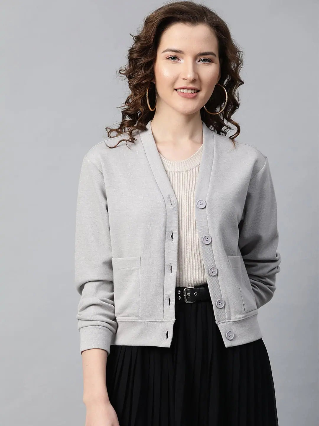 Grey Front Button Cardigan for Women | Cropped Cardigan