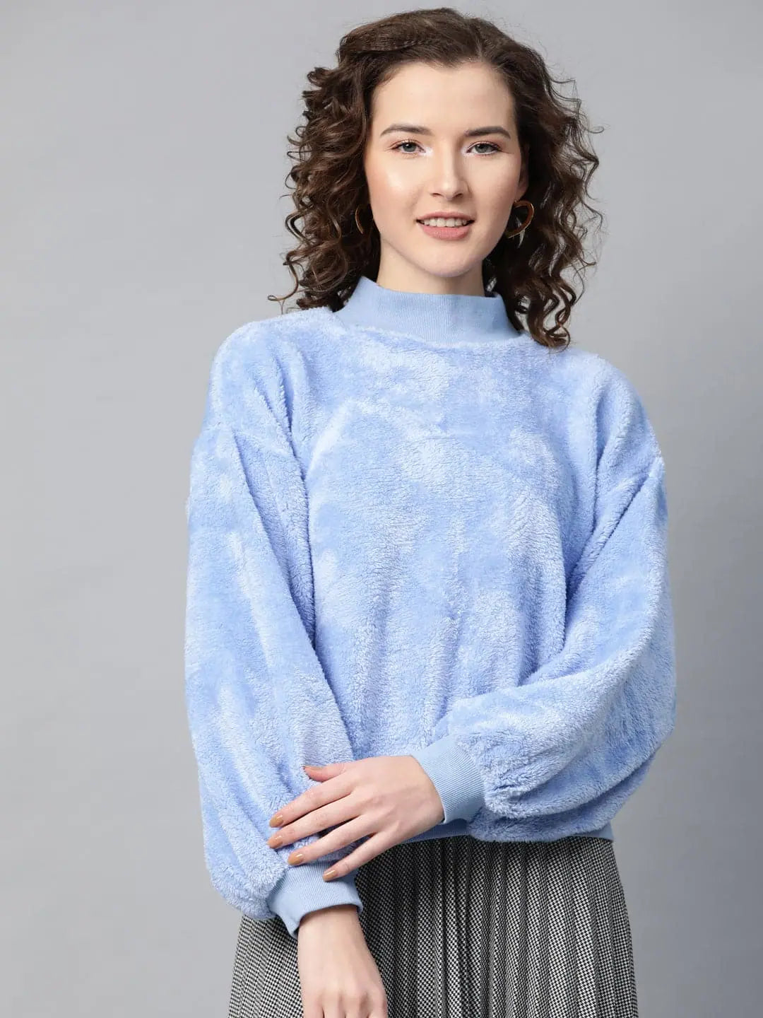 Blue Balloon Sleeve Faux Fur Sweatshirt | Festive Lehenga Look