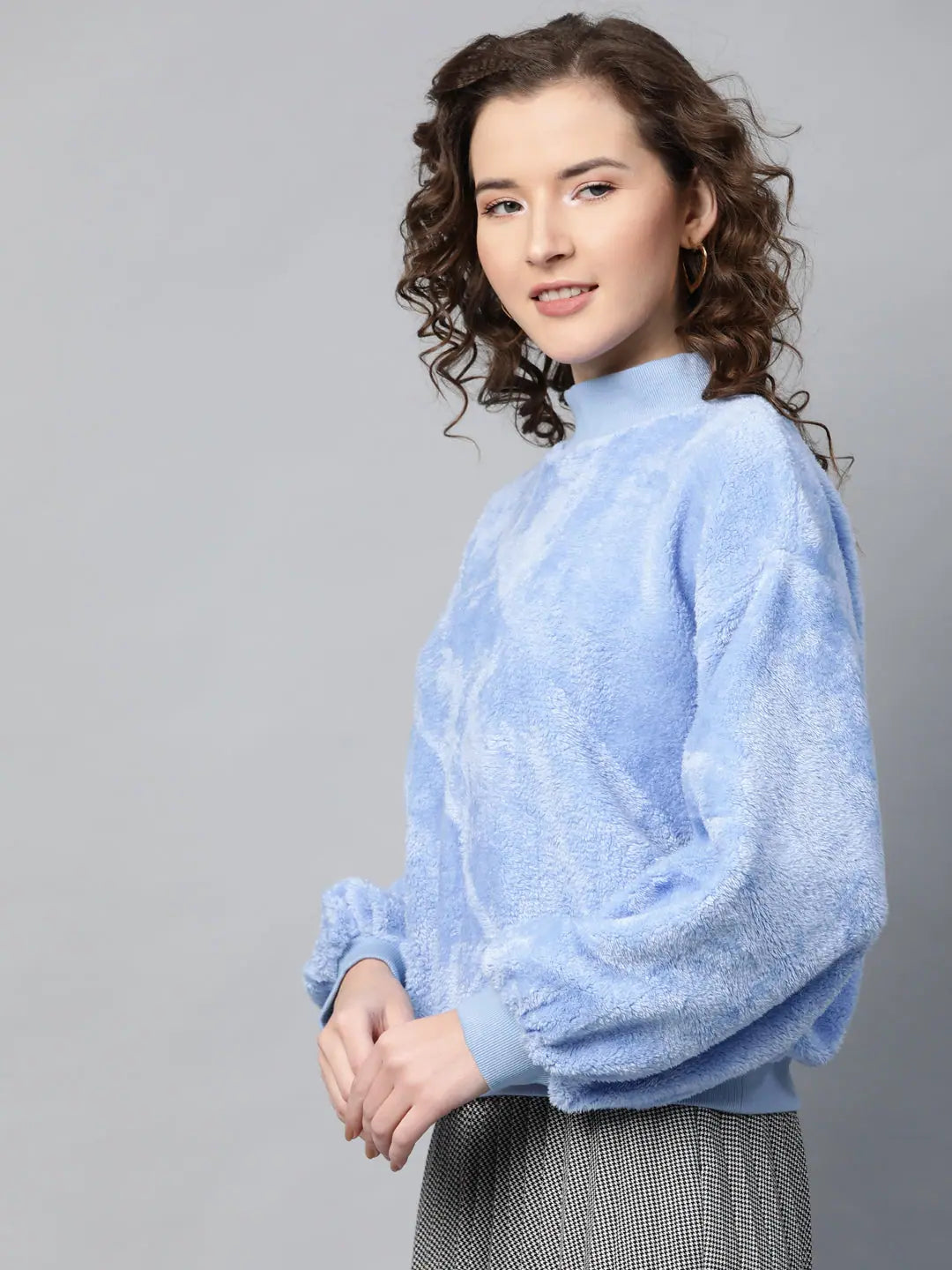 Blue Balloon Sleeve Faux Fur Sweatshirt | Festive Lehenga Look