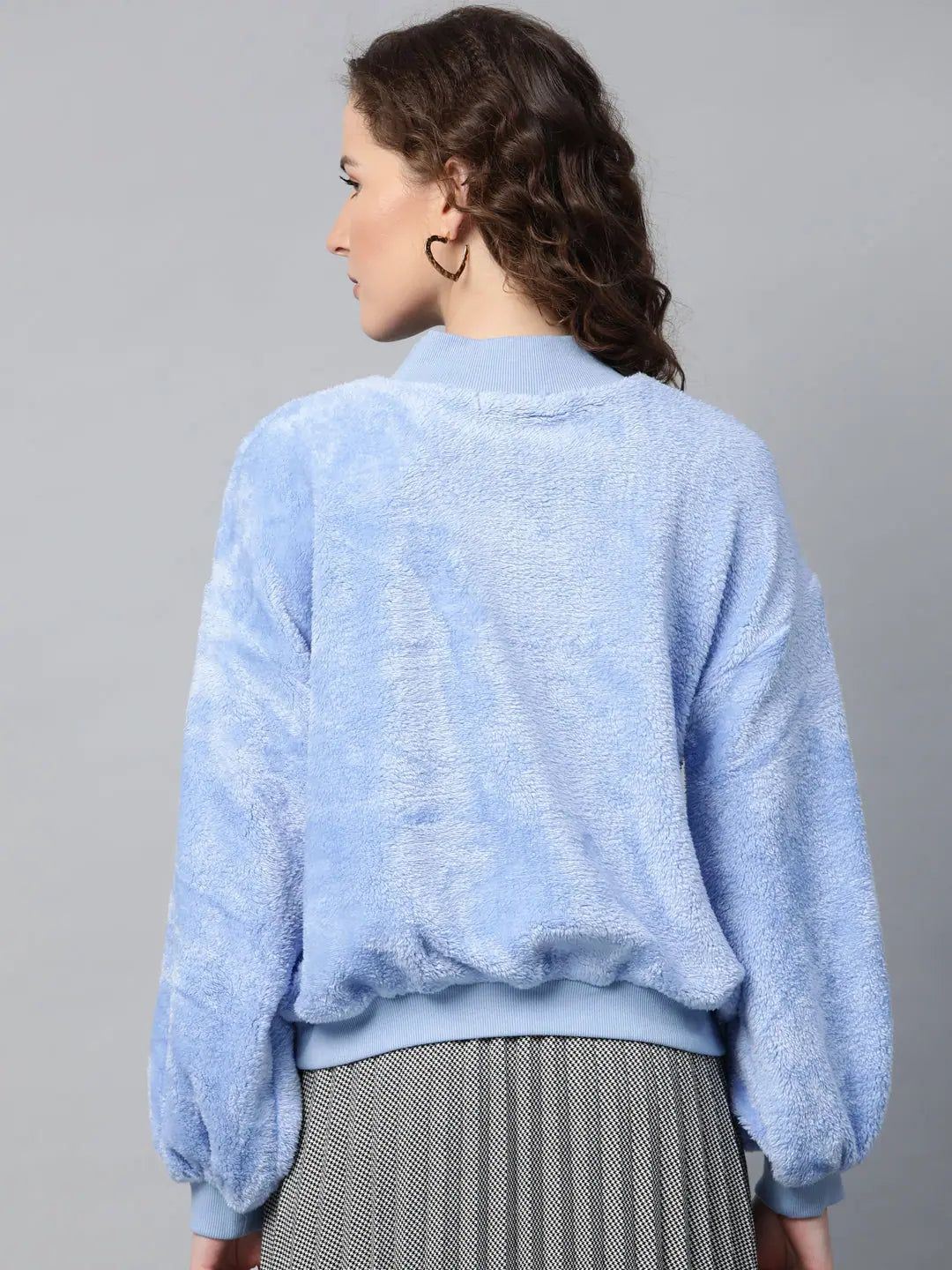 Blue Balloon Sleeve Faux Fur Sweatshirt | Festive Lehenga Look