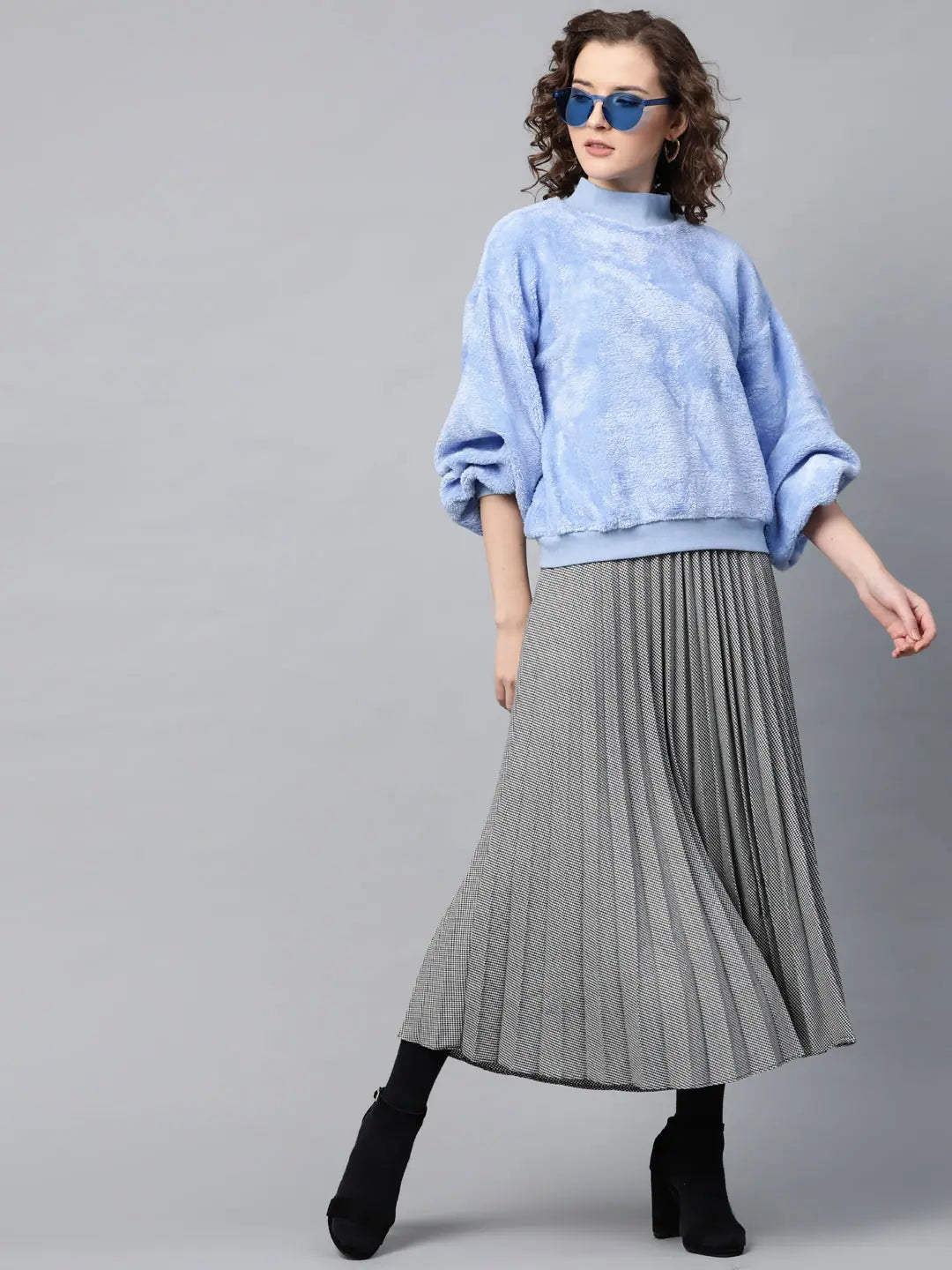 Blue Balloon Sleeve Faux Fur Sweatshirt | Festive Lehenga Look