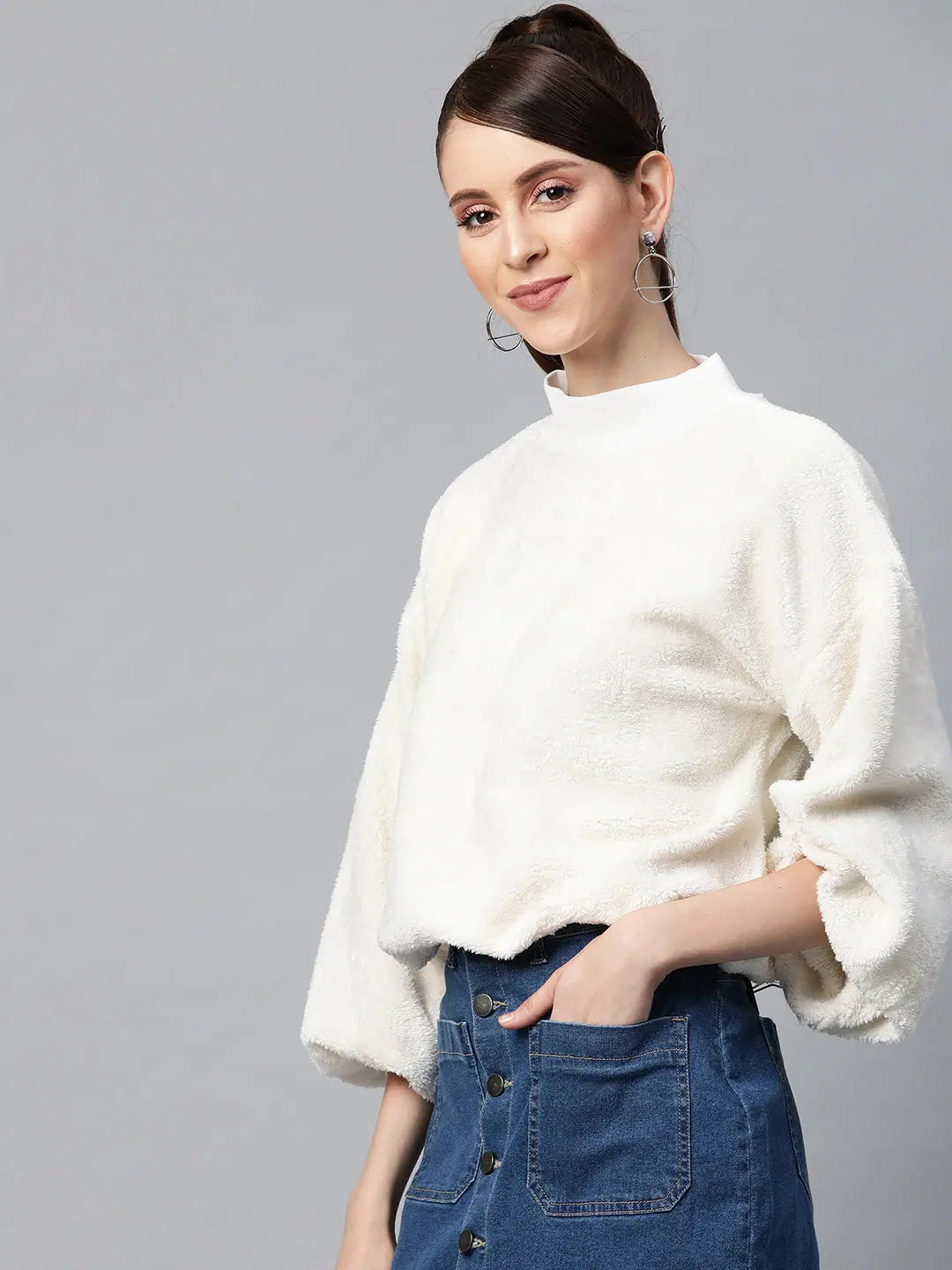 White Balloon Sleeve Faux Fur Sweatshirt - Wedding Lehenga Look