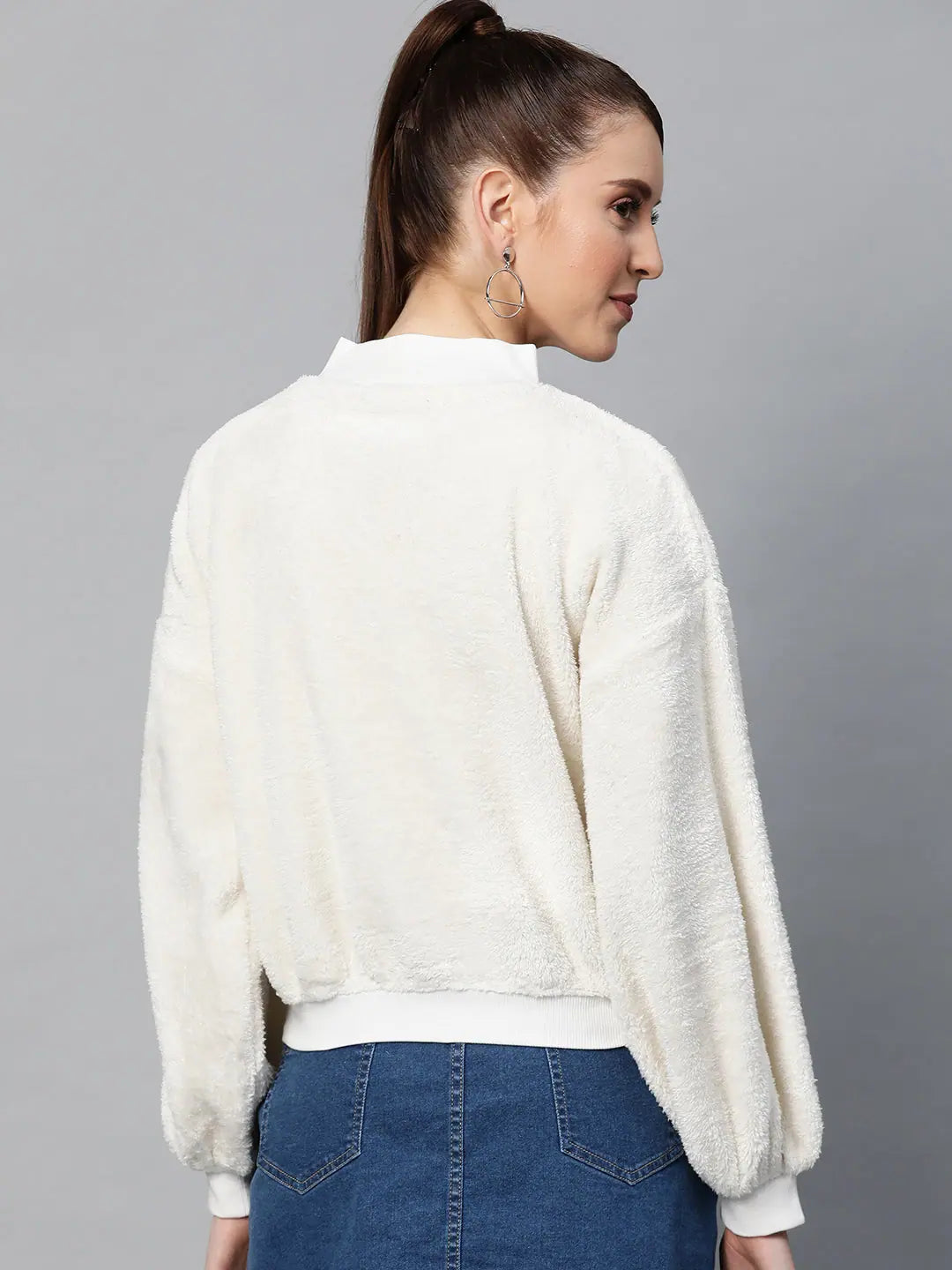 White Balloon Sleeve Faux Fur Sweatshirt - Wedding Lehenga Look
