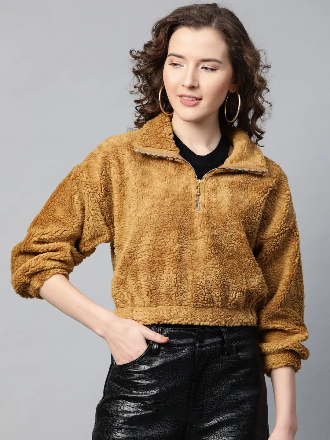 Mustard Faux Fur Crop Sweatshirt | Ethnic Lehenga Vibe