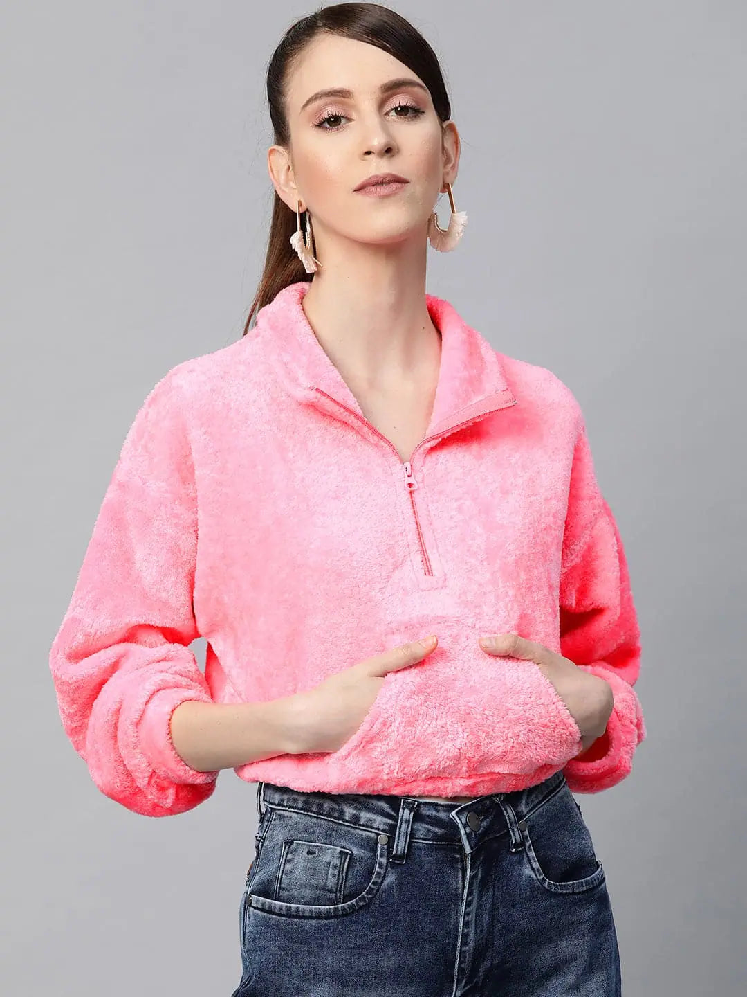 Pink Kangaroo Pocket Faux Fur Crop Sweatshirt | Women's Lehenga