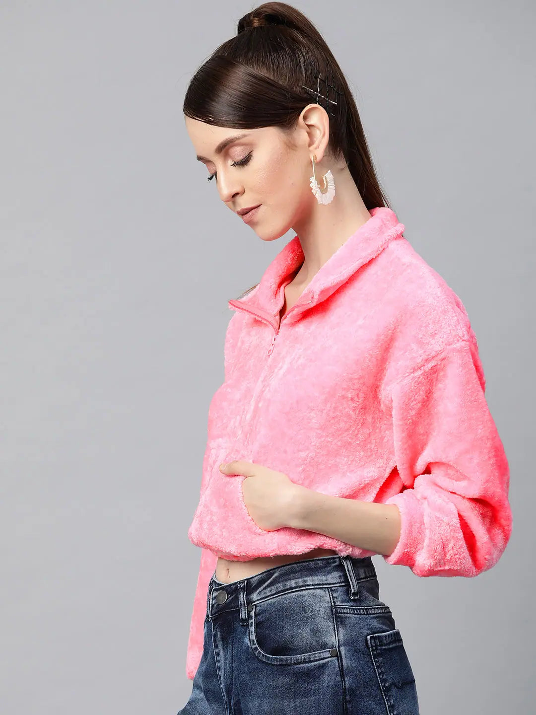 Pink Kangaroo Pocket Faux Fur Crop Sweatshirt | Women's Lehenga