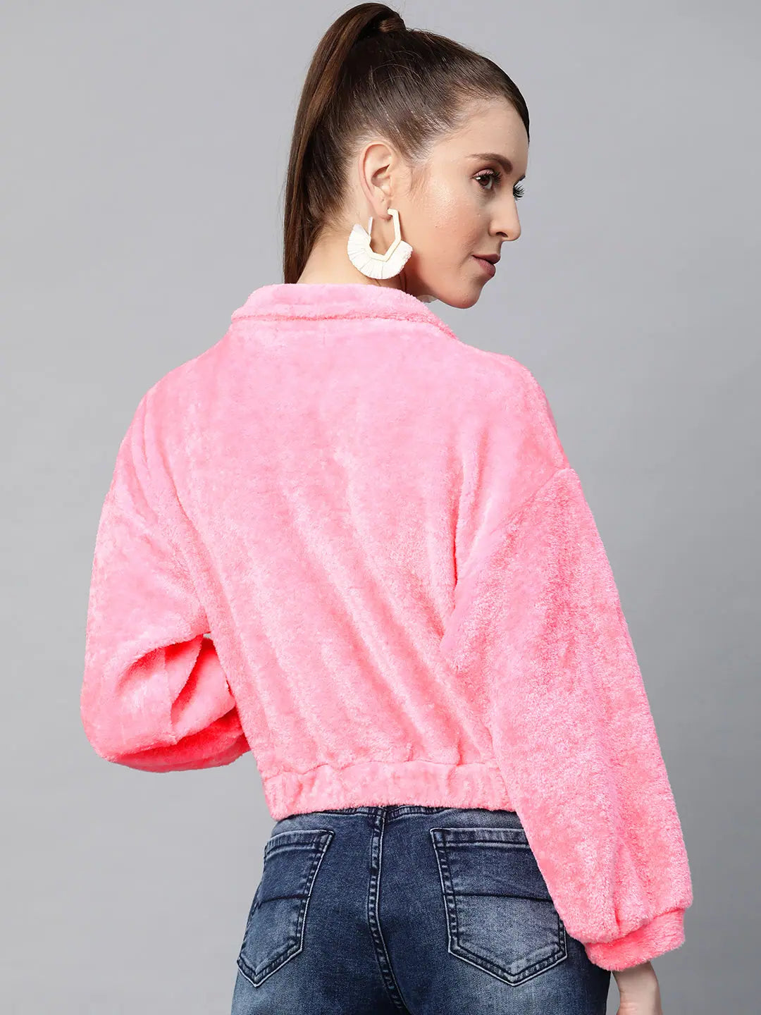 Pink Kangaroo Pocket Faux Fur Crop Sweatshirt | Women's Lehenga