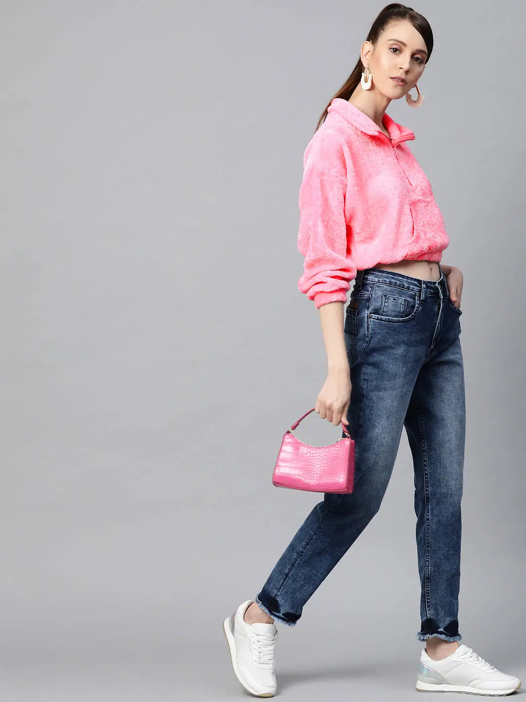 Pink Kangaroo Pocket Faux Fur Crop Sweatshirt | Women's Lehenga