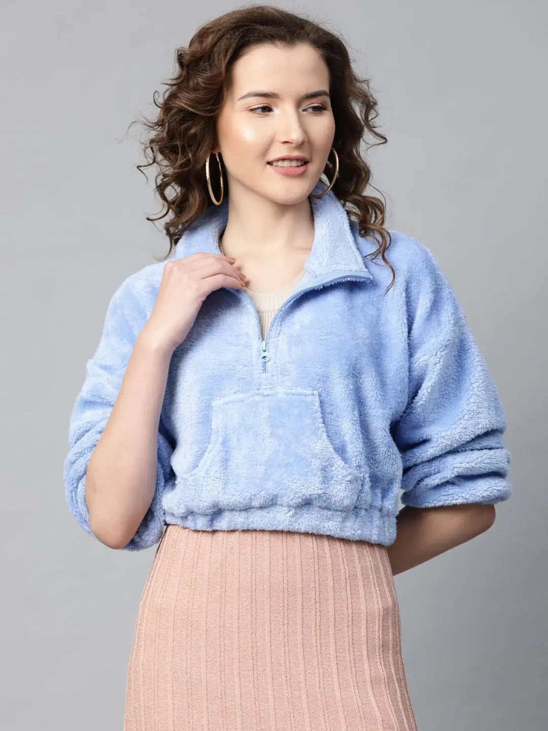 Blue Faux Fur Crop Sweatshirt | Women's Polyester Comfort