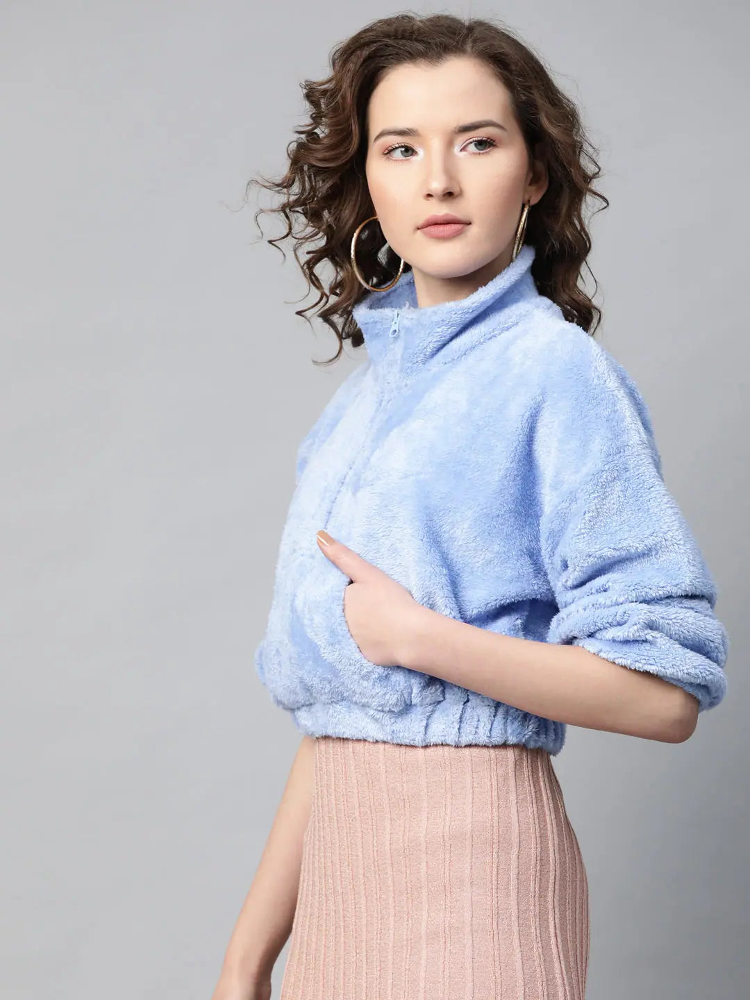 Blue Faux Fur Crop Sweatshirt | Women's Polyester Comfort