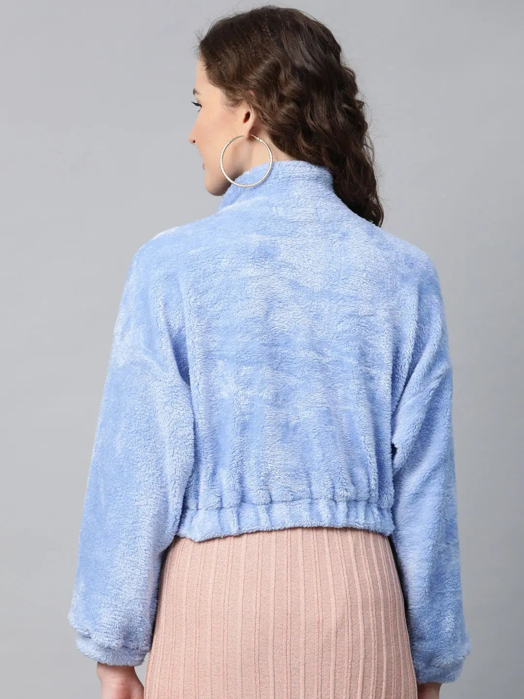 Blue Faux Fur Crop Sweatshirt | Women's Polyester Comfort