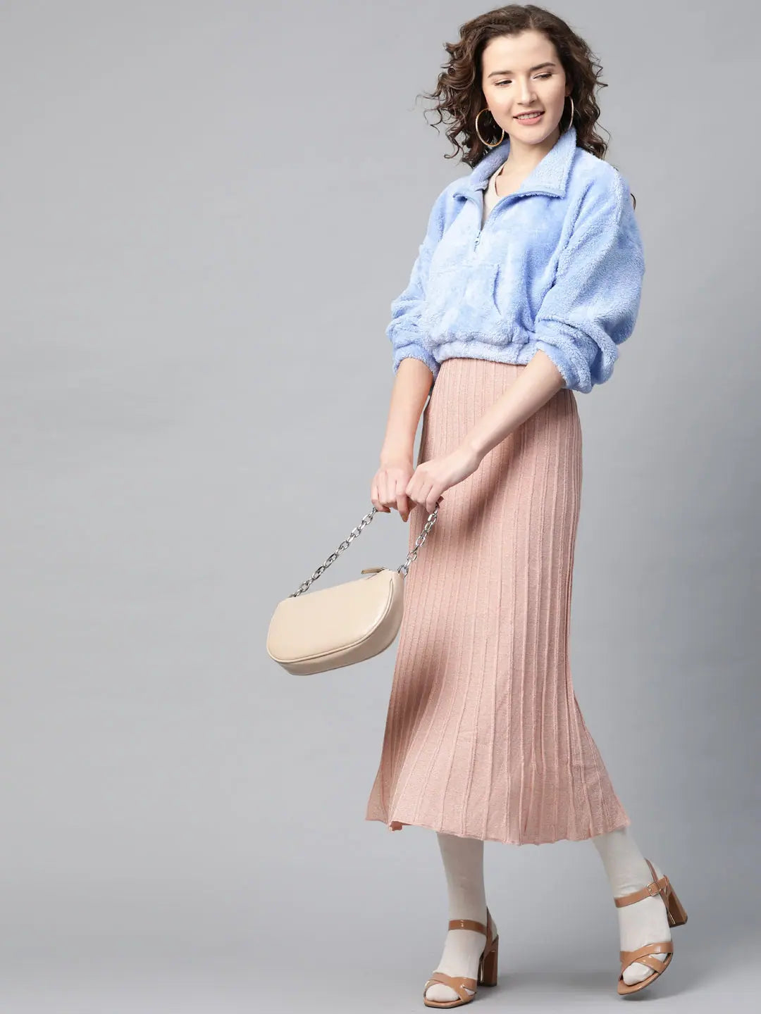 Blue Faux Fur Crop Sweatshirt | Women's Polyester Comfort