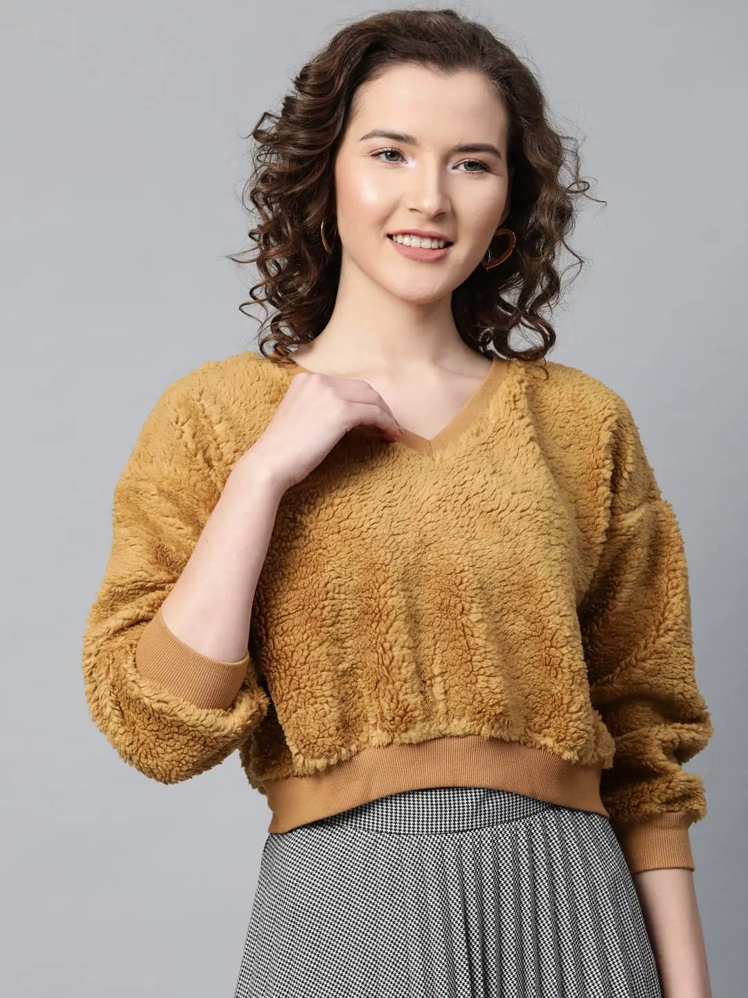 Mustard Faux Fur Crop Top | Comfortable Women's Sweatshirt