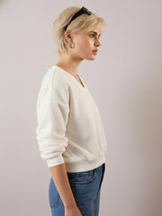 Women White V-Neck Faux Fur Crop Sweatshirt-SFSWSH7200