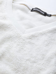 Women White V-Neck Faux Fur Crop Sweatshirt-SFSWSH7200