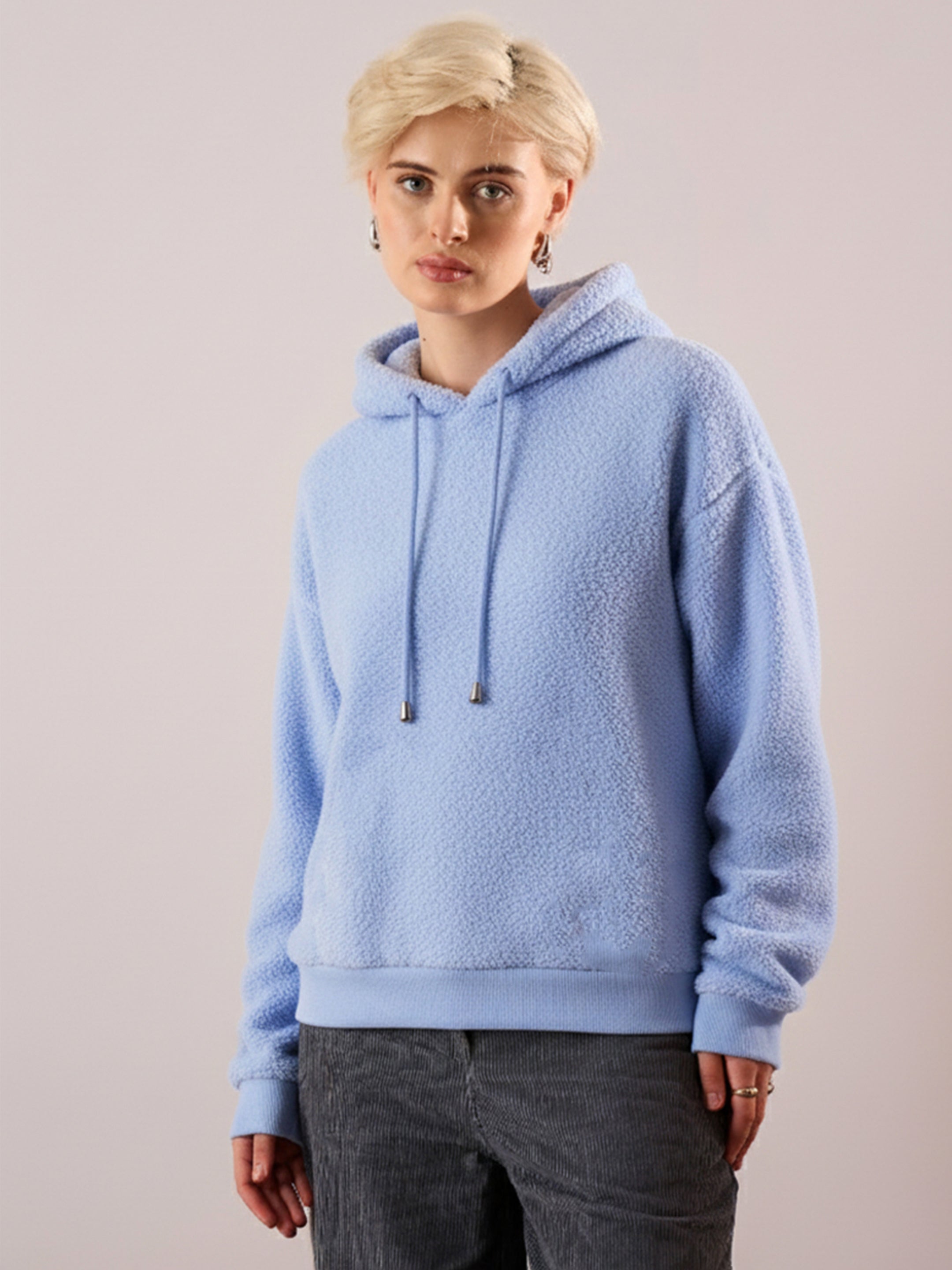 Women Blue Hooded Faux Fur Sweatshirt-SFSWSH7203