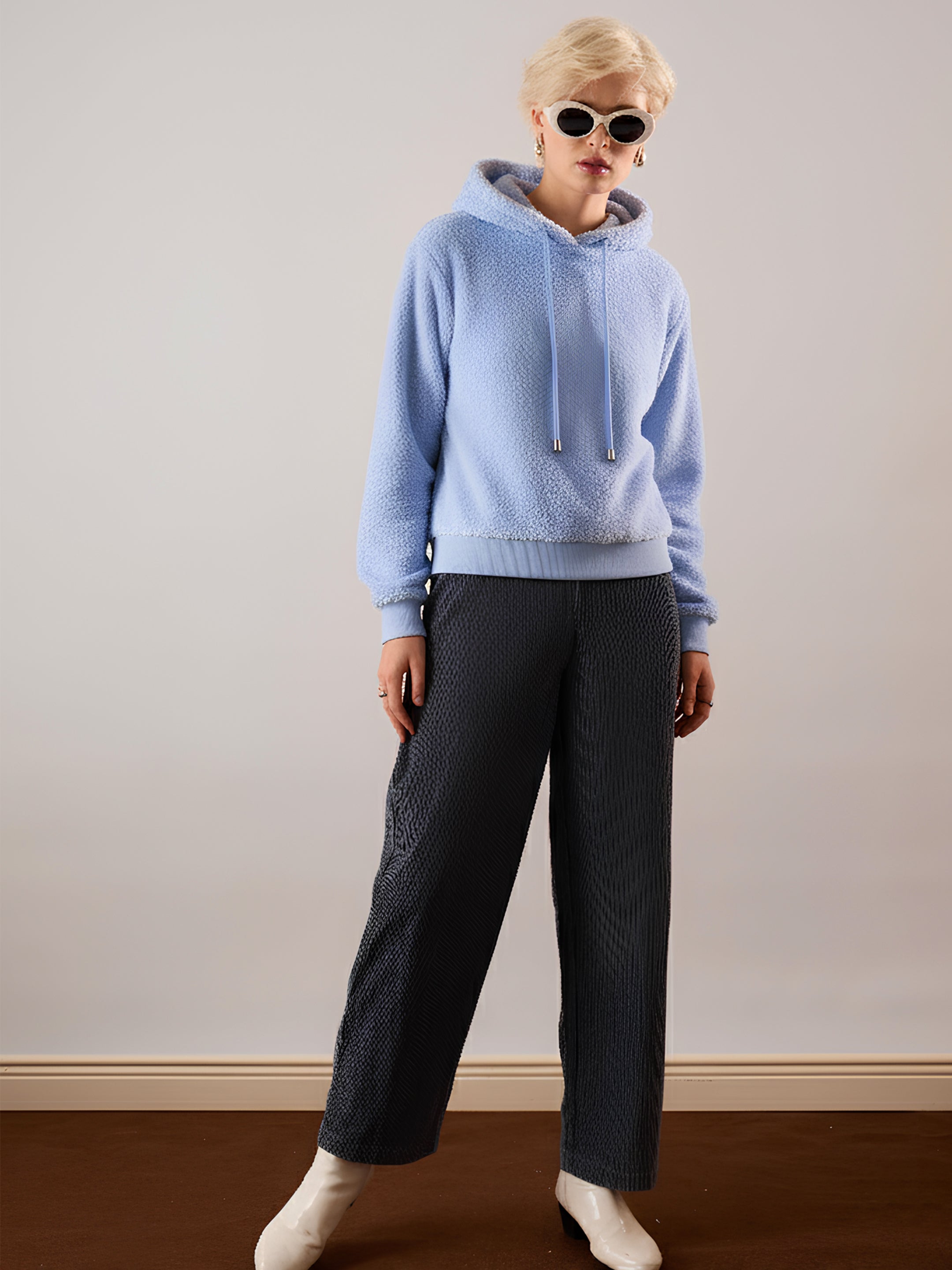 Women Blue Hooded Faux Fur Sweatshirt-SFSWSH7203