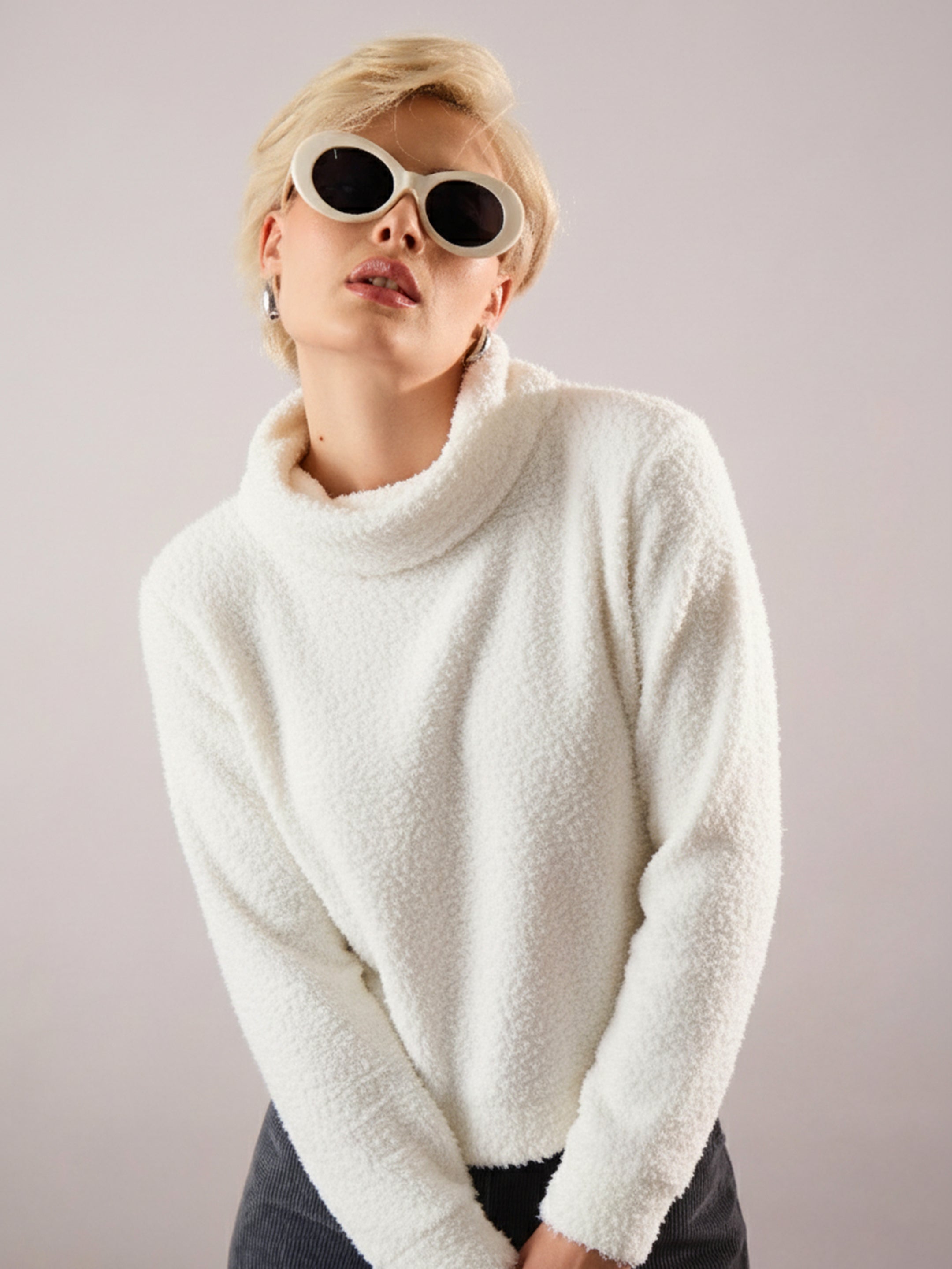 Women White High Neck Faux Fur Sweatshirt-SFSWSH7204