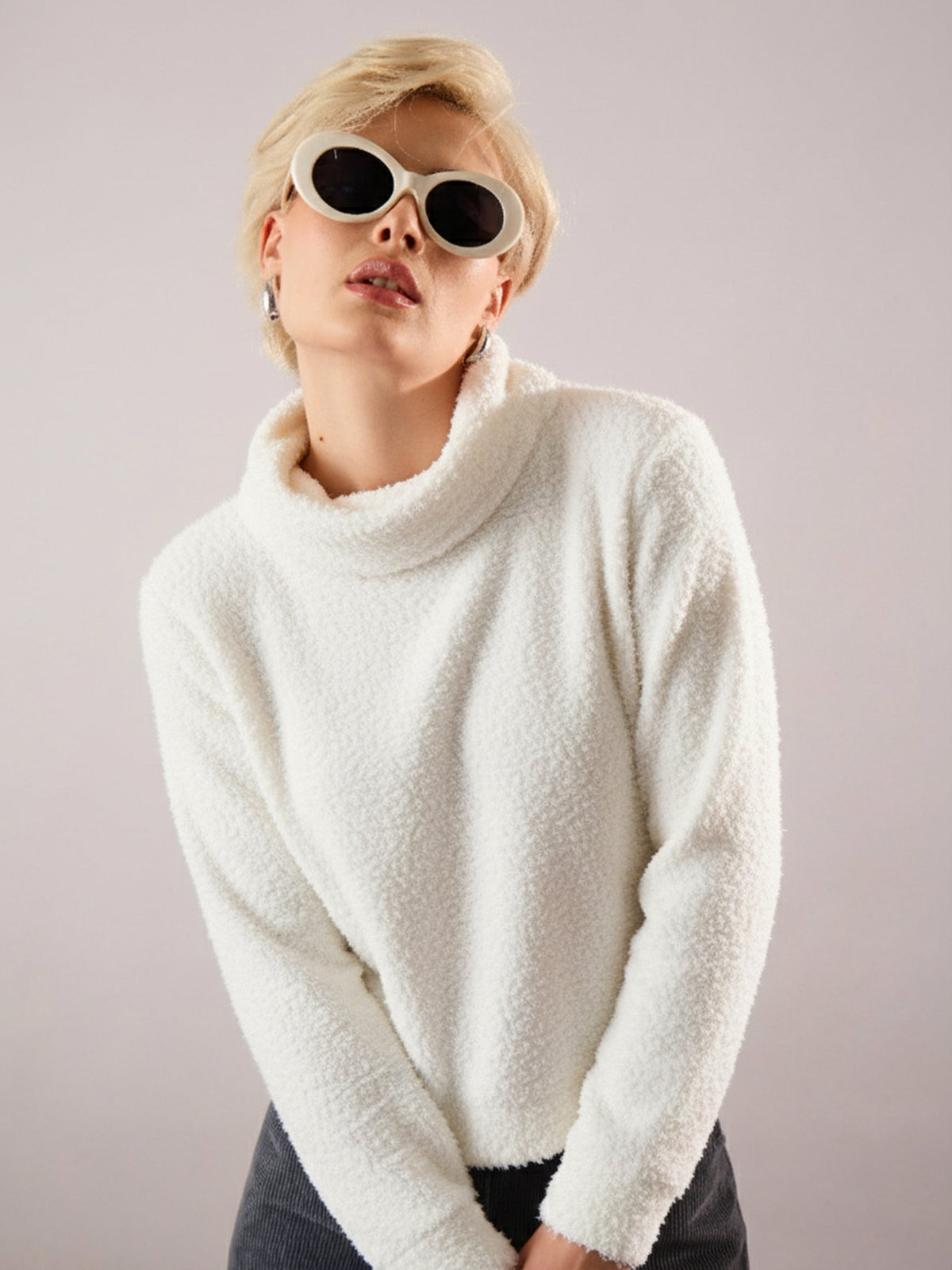 Women White High Neck Faux Fur Sweatshirt-SFSWSH7204