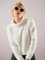Women White High Neck Faux Fur Sweatshirt-SFSWSH7204