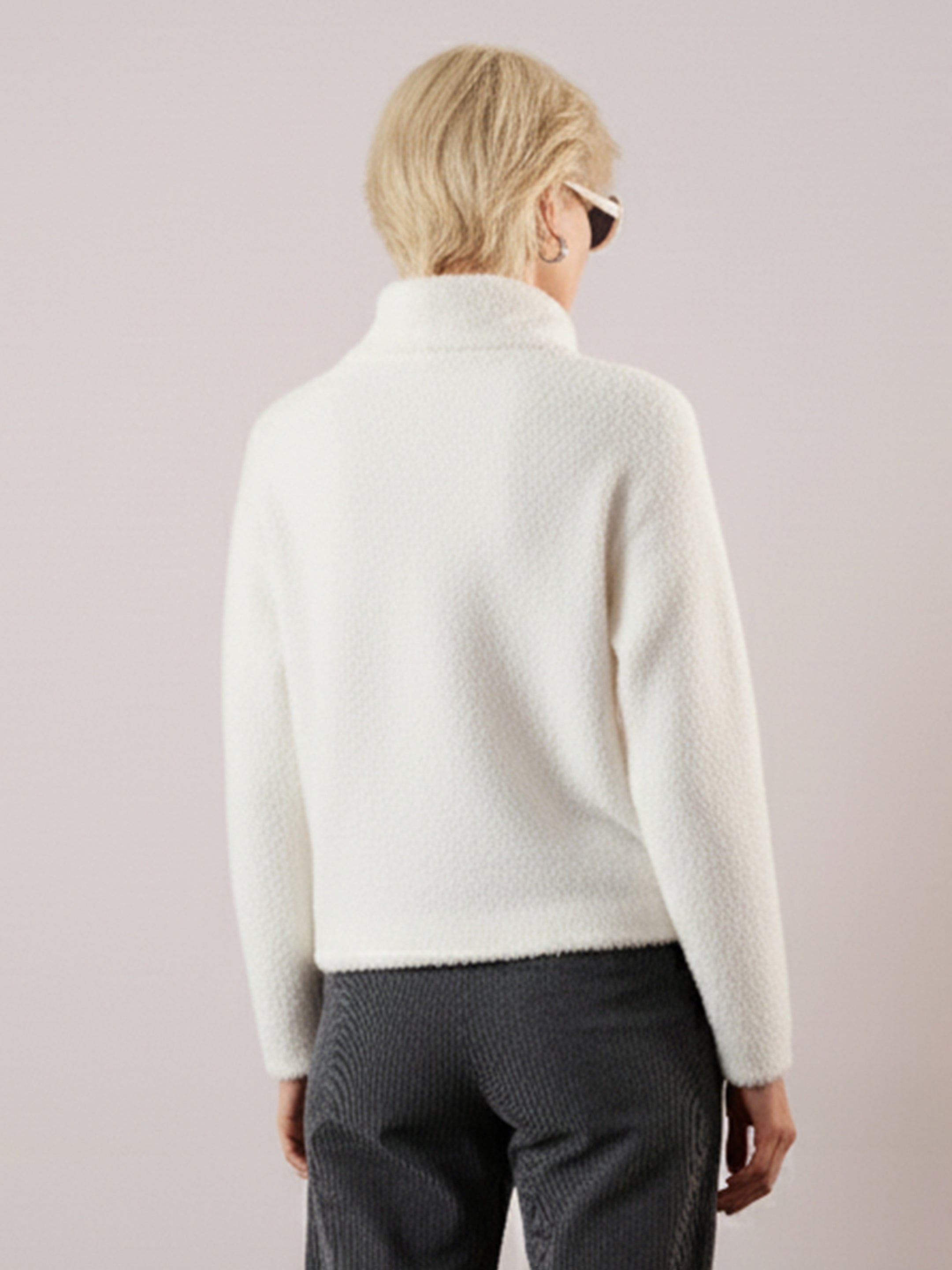Women White High Neck Faux Fur Sweatshirt-SFSWSH7204