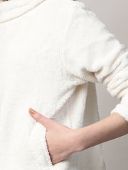 Women White High Neck Faux Fur Sweatshirt-SFSWSH7204
