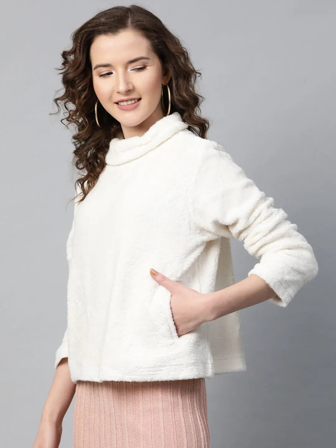 White Faux Fur Sweatshirt - Traditional Indian Lehenga Look