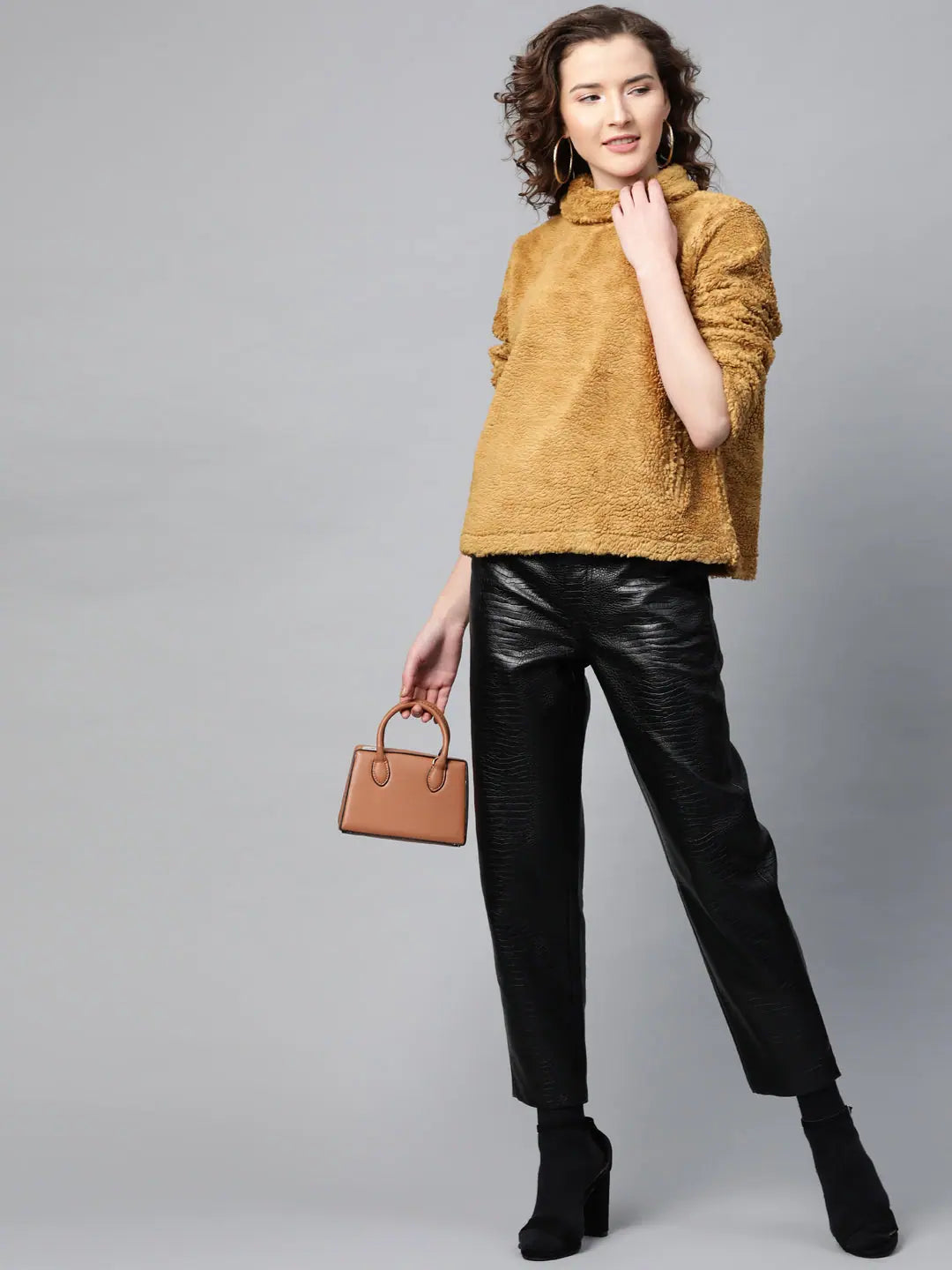 Mustard Faux Fur Sweatshirt | High Neck Women's Top