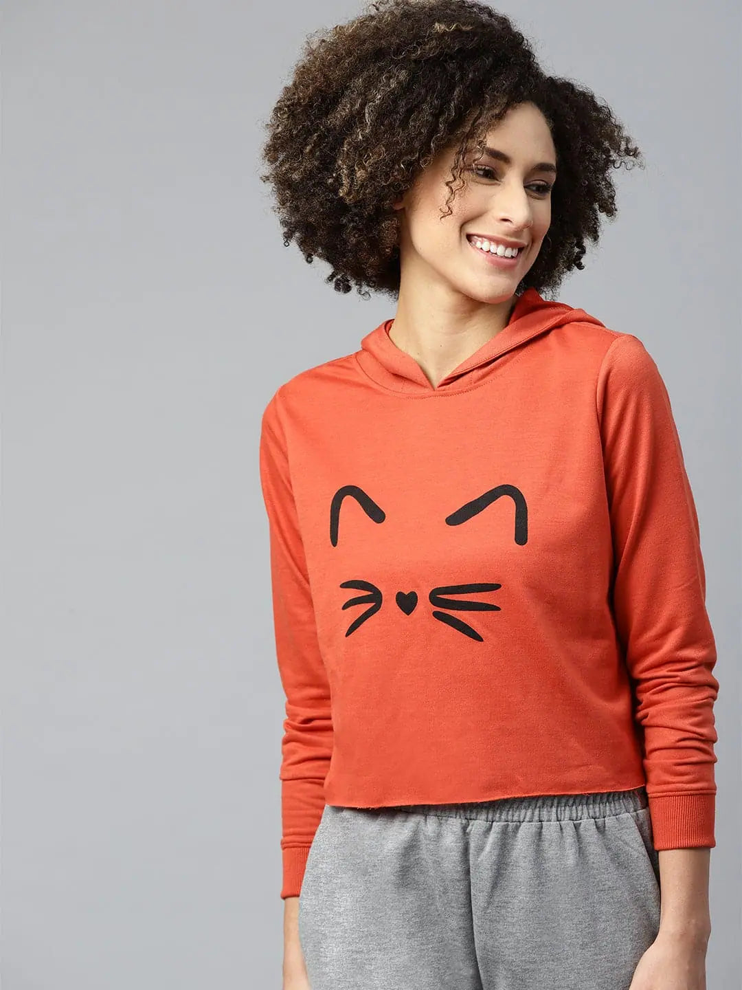 Rust Kitty Face Crop Hoodie Sweatshirt | Cotton Terry