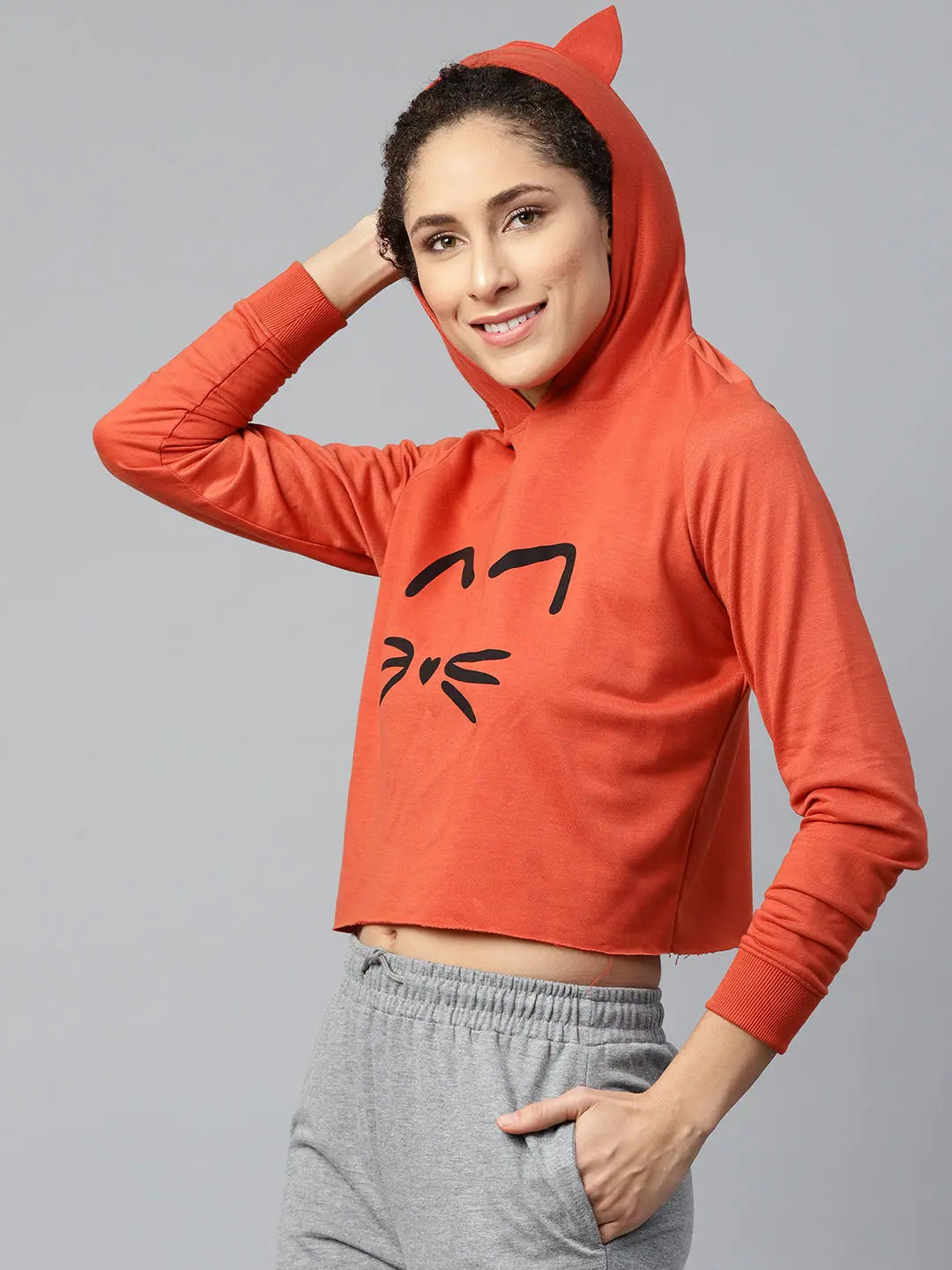 Rust Kitty Face Crop Hoodie Sweatshirt | Cotton Terry
