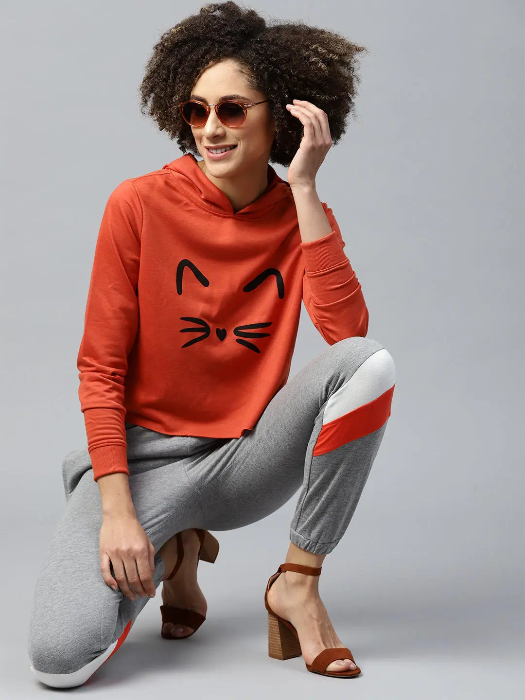 Rust Kitty Face Crop Hoodie Sweatshirt | Cotton Terry