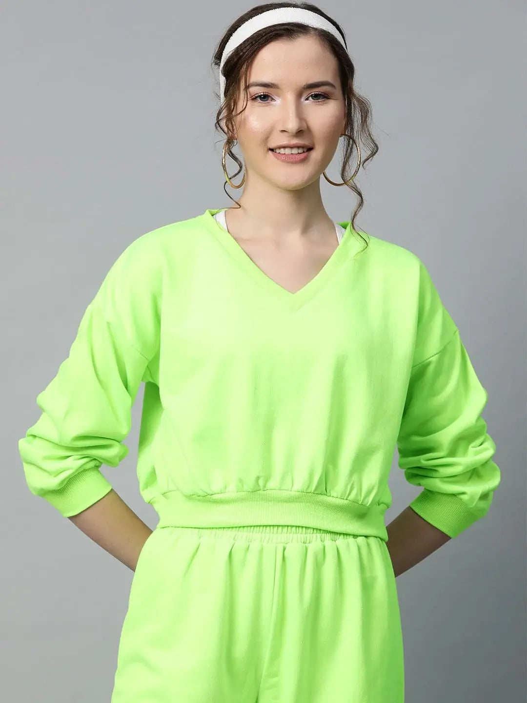 Neon Green Crop Sweatshirt | V-Neck Women's Fleece Top