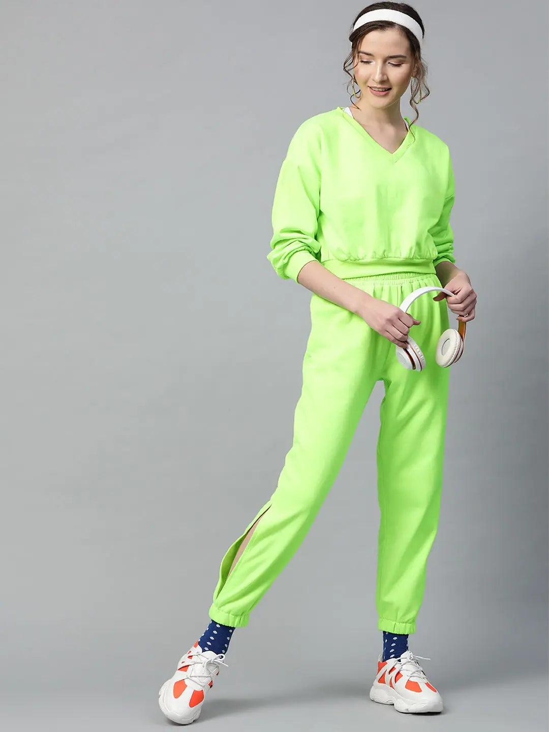 Neon Green Crop Sweatshirt | V-Neck Women's Fleece Top