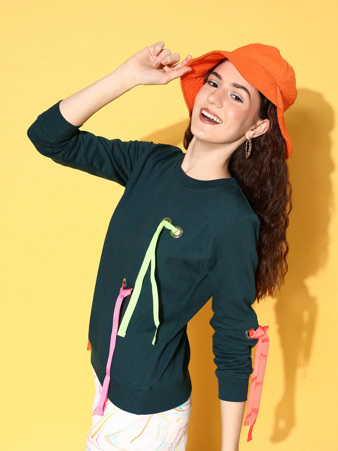 Teal Ribbon Detail Sweatshirt | Women's Lehenga Fashion