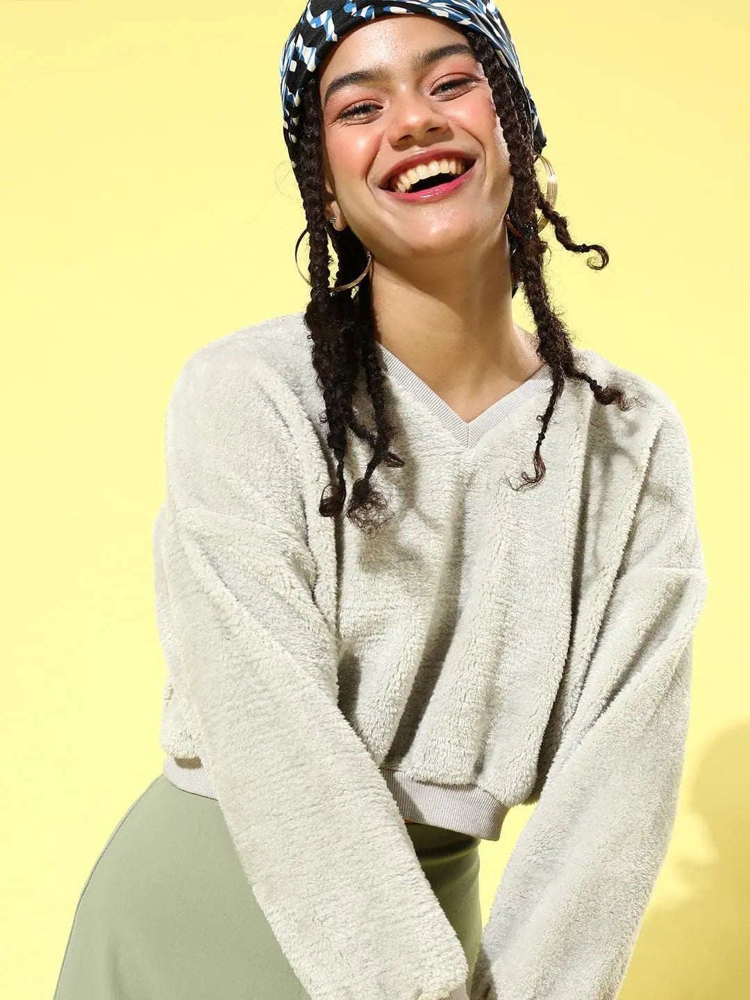 Grey Faux Fur Sweatshirt | V-Neck Crop Top