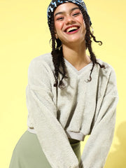 Grey Faux Fur V-Neck Boxy Sweatshirt