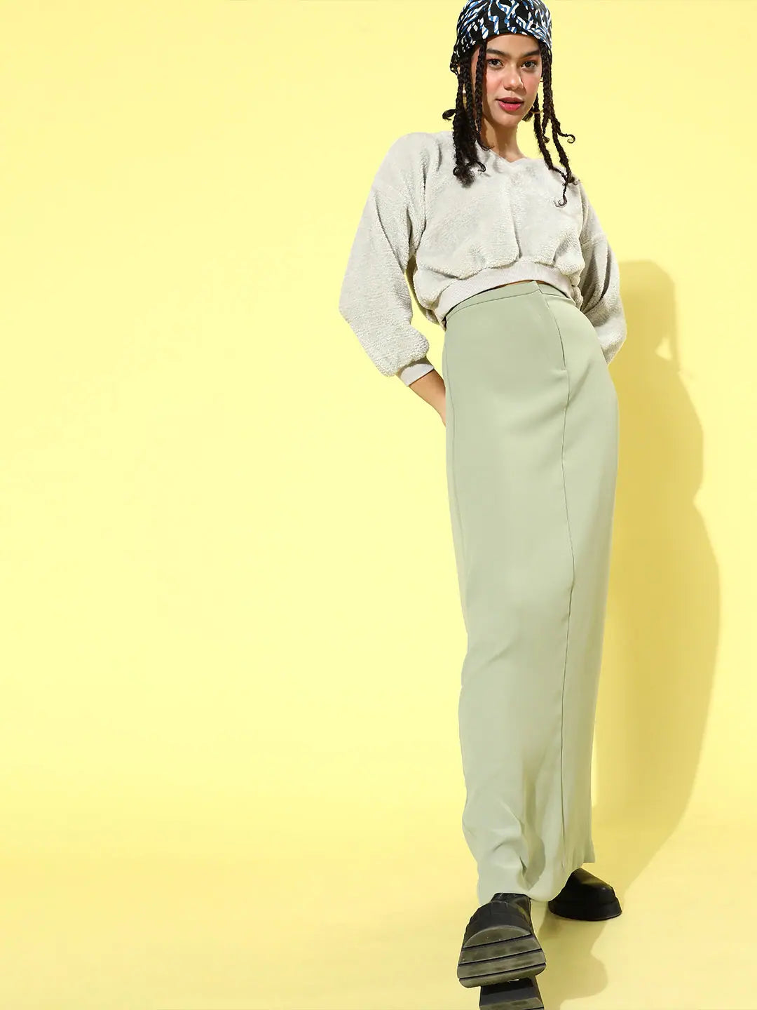 Grey Faux Fur Sweatshirt | V-Neck Crop Top