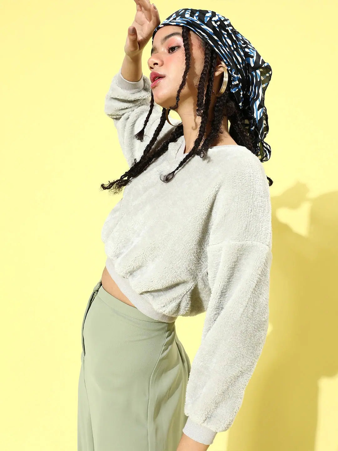 Grey Faux Fur Sweatshirt | V-Neck Crop Top