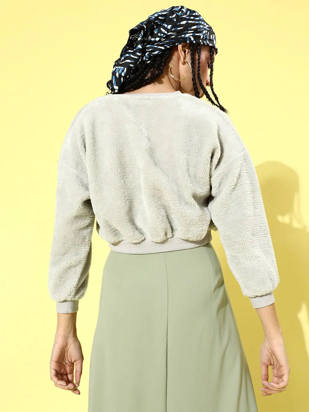 Grey Faux Fur Sweatshirt | V-Neck Crop Top