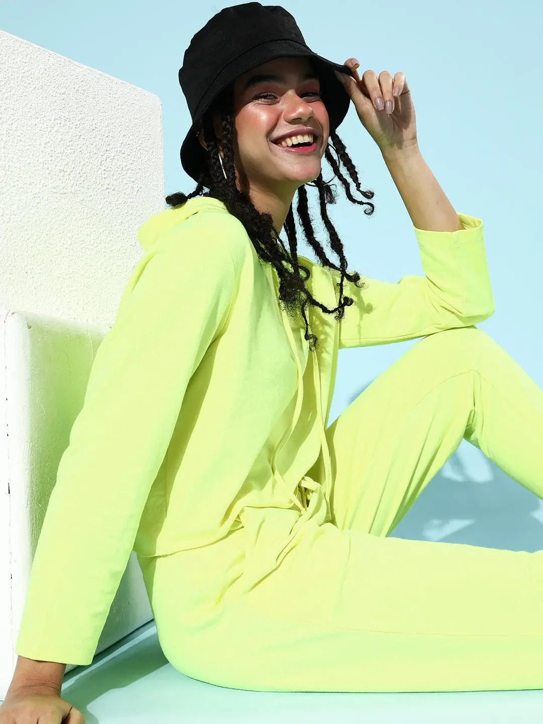 Neon Green Crop Hoodie - Drawstring Detail, Comfort Fit