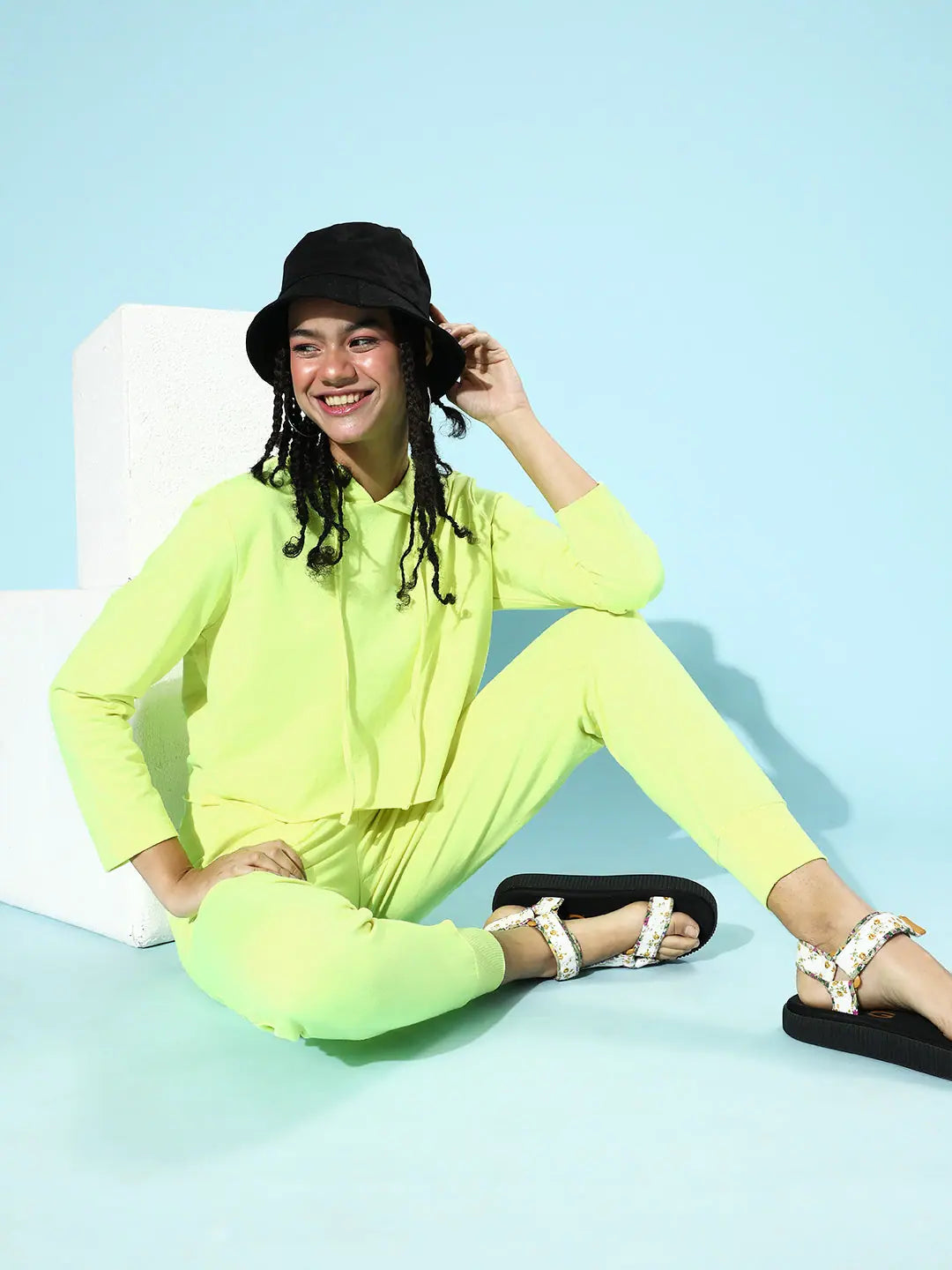 Neon Green Crop Hoodie - Drawstring Detail, Comfort Fit