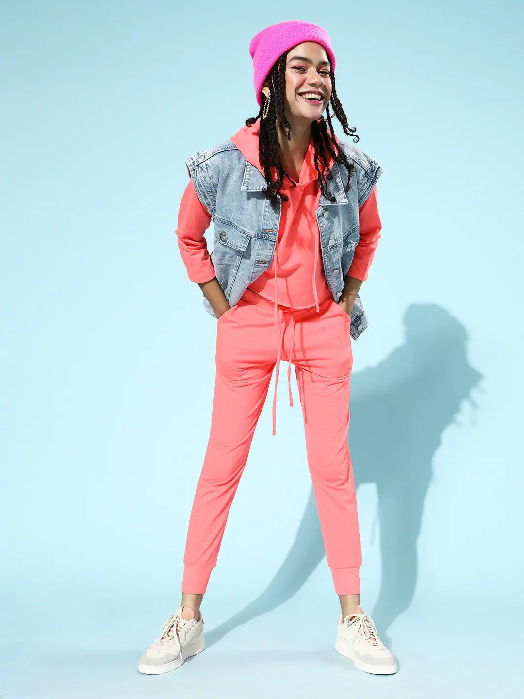 Neon Pink Crop Hoodie - Comfort Fit Cotton Drawstring Detail