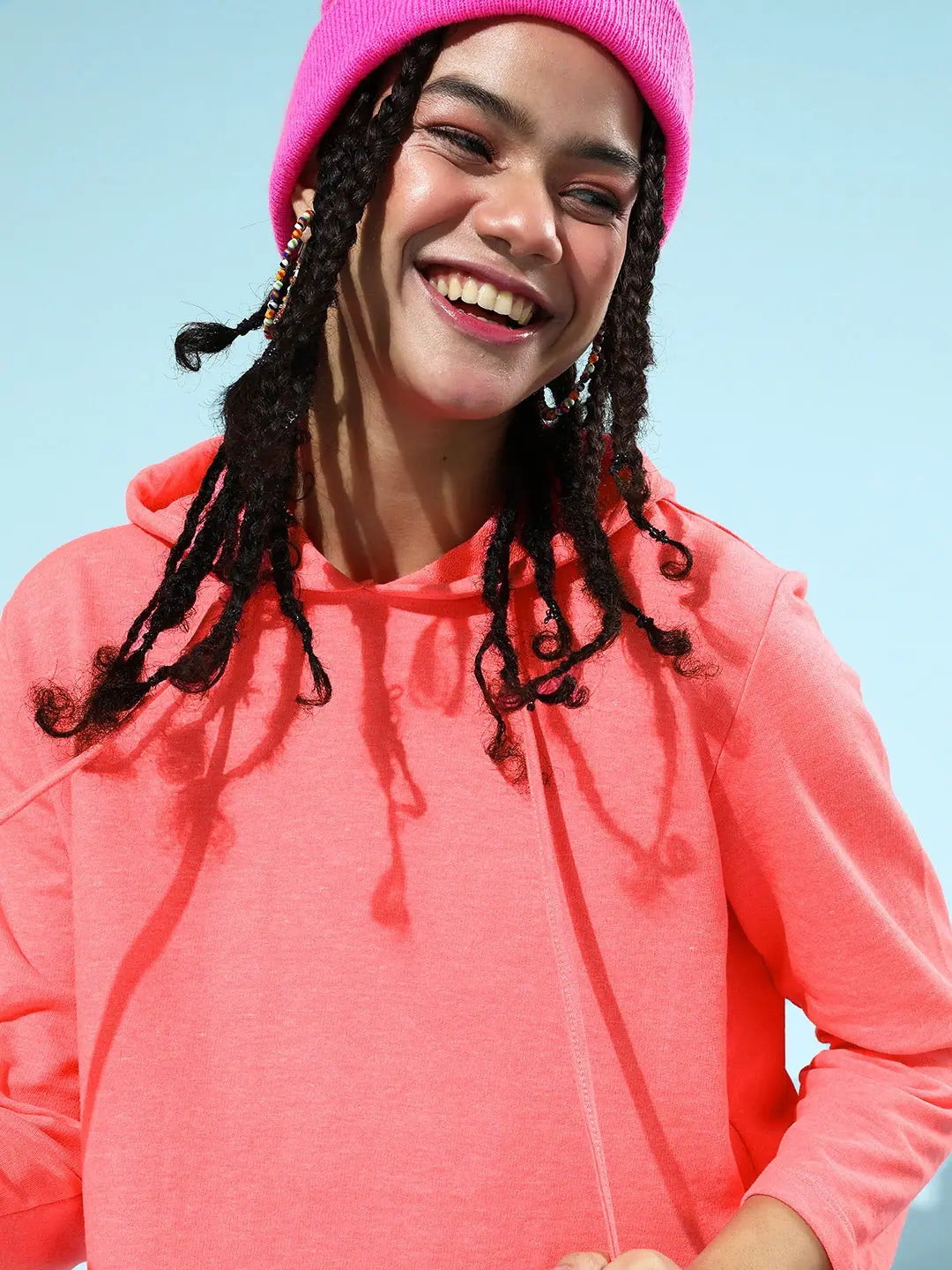Neon Pink Crop Hoodie - Comfort Fit Cotton Drawstring Detail
