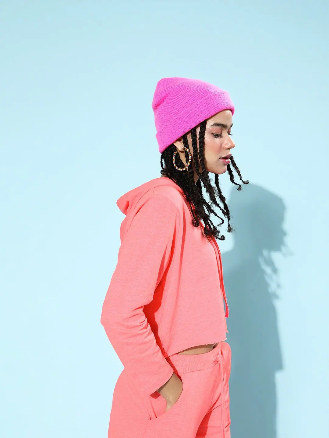 Neon Pink Crop Hoodie - Comfort Fit Cotton Drawstring Detail