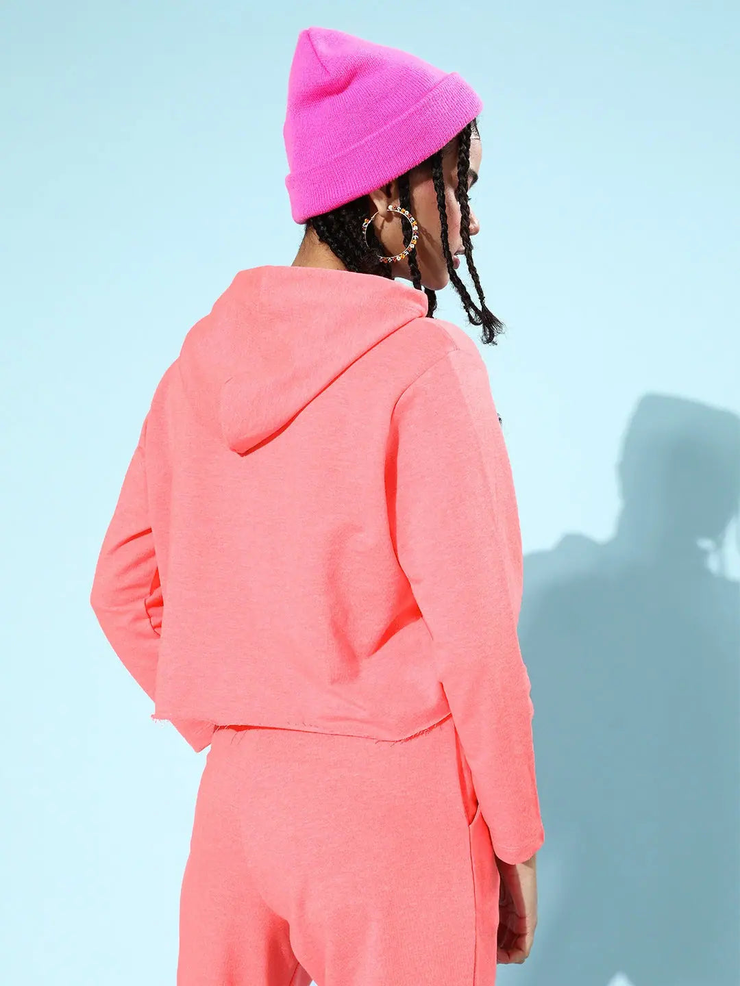 Neon Pink Crop Hoodie - Comfort Fit Cotton Drawstring Detail